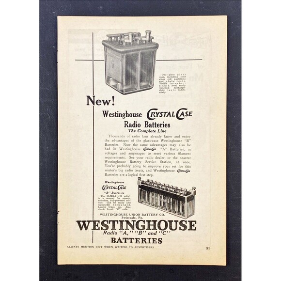 Westinghouse Crystal Case Radio Batteries "The Complete Line" Vtg Print Ad 1923 - Picture 3 of 3